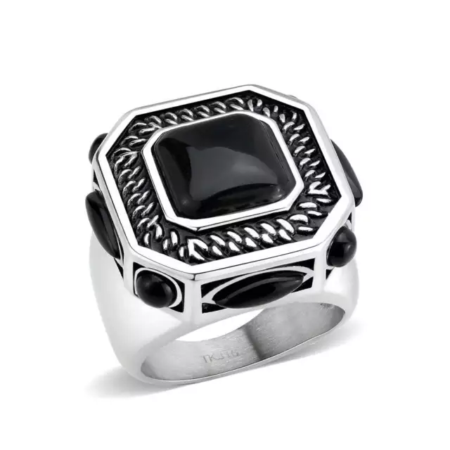 mens black ring jet signet emerald cut  pinky silver stainless steel cz