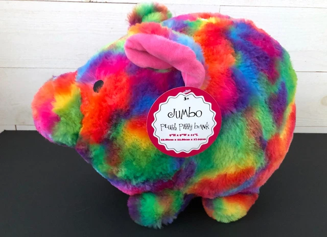 Jumbo Plush PIGGY BANK Fab NY Tie Dye Rainbow Pig Colors Valentine Love Tags NEW