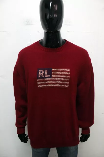 Ralph Lauren Maglione Uomo Taglia 2XL Sweater In Lana Rosso Maglietta Pullover