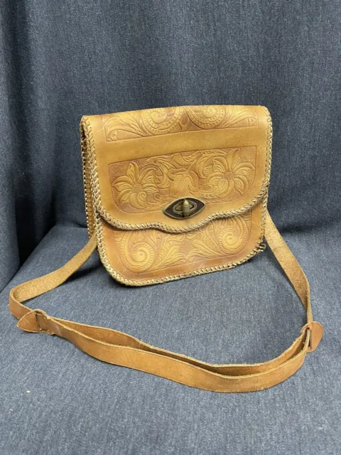 Vtg Hand Tooled Leather Handbag Purse Floral Boho Hippie Shoulder Bag Western