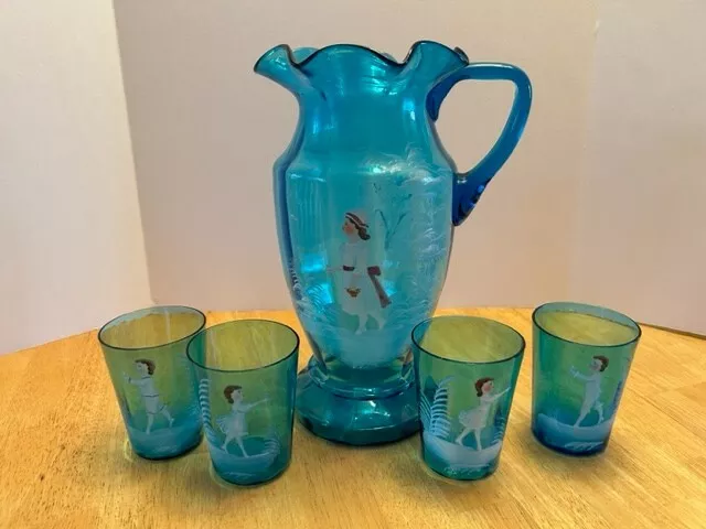 Vintage Fenton Mary Gregory Blue Water Pitcher & Glasses