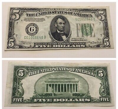 Vintage $5 1934-A Federal Reserve Note Bill Five Dollars Chicago Green Seal Vnc