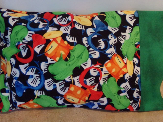 Travel-My Pillow-Toddler Size Pillowcase Color Instruments/ Green Cuff 12" X 18"