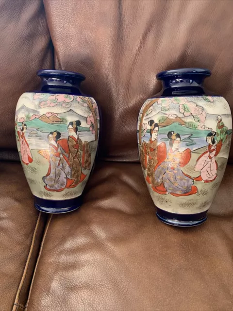 LARGE VINTAGE PAIR JAPANESE SATSUMA VASES HAND DECORATED WITH GEISHA 24cm