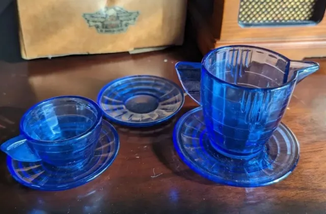 Vintage Akro Agate Clear Cobalt Blue Childrens Tea Set Dishes Glass Cup Plate