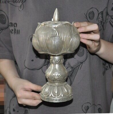 old Chinese Tibetan silver lotus Candlestick Lamp stand incense burner censer