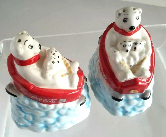 COCA-COLA POLAR BEAR DOWN HILL with cubs Salt & Pepper Shakers Ceramic Set
