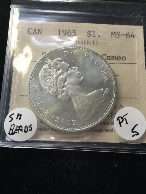 1965  SmBds Ptd 5 T-1,  ICCS Graded Canadian,Silver Dollar**MS-64 Cameo**