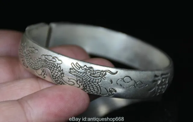 6.3CM Rare Old China Miao Silver Double Dragons Blessing Luck Jewelry Bracelet