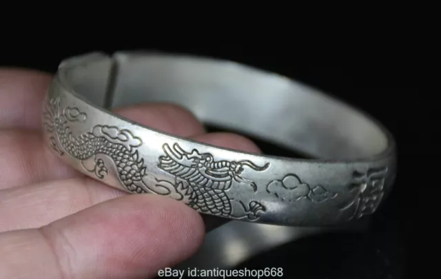 6.3CM Rare Old China Miao Silver Double Dragons Blessing Luck Jewelry Bracelet
