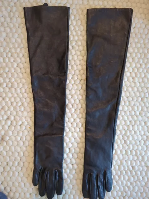 River Island ~ Elegant Long Black  Leather Opera Gloves ~ Size S/M ~ 22 Inches