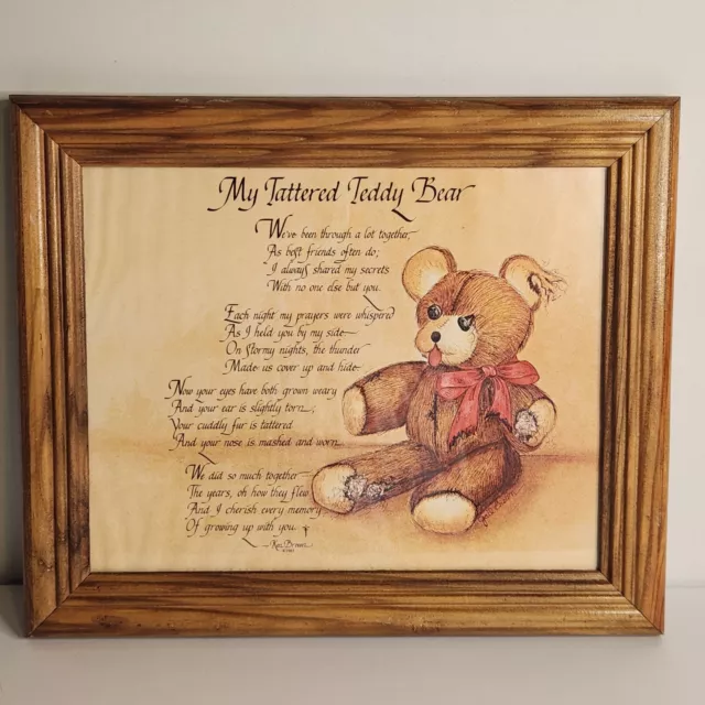 Vtg 1983 Teddy Bear Framed Wall Print Poem My Tattered Teddy Bear 12x10" Nursey