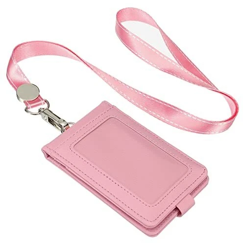 PU Leather ID Badge Holder with Detachable Neck Lanyard Set, Folded C...