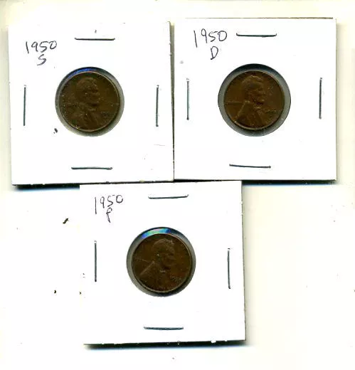 1950 P,D,S Wheat Pennies Lincoln Cents Circulated 2X2 Flips 3 Coin Pds Set#4374