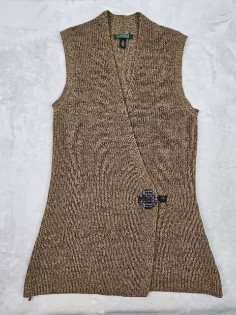 LRL Lauren Ralph Lauren Sweater Vest Womens Medium Brown Herringbone Cardigan