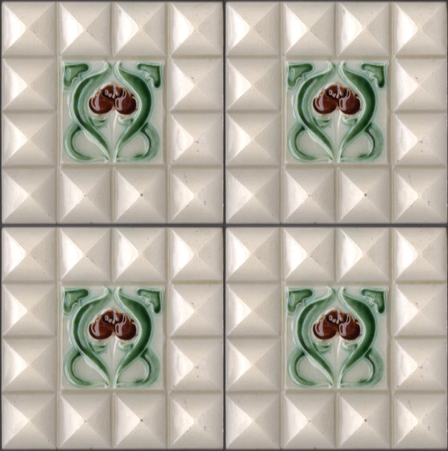 Antique Majolica SET OF 4 tiles EMBOSSED DIAMOND ART NOUVEAU STYLE FLOWERS CREAM