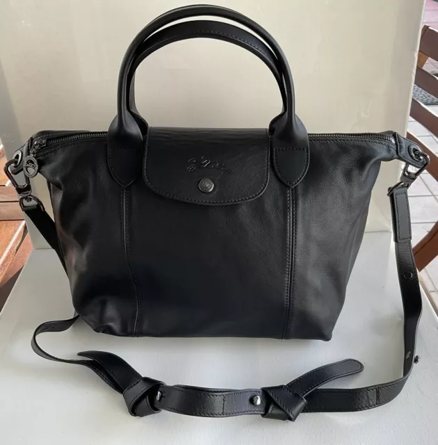 Longchamp Le Pliage Cuir Leather Shoulder Bag, Black, New