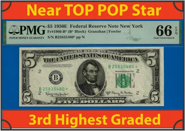 ✅Near TOP POP - 1950-E $5 FRN ➡️3rd Finest 🔴 New York STAR⬅️ PMG 66EPQ -  5480