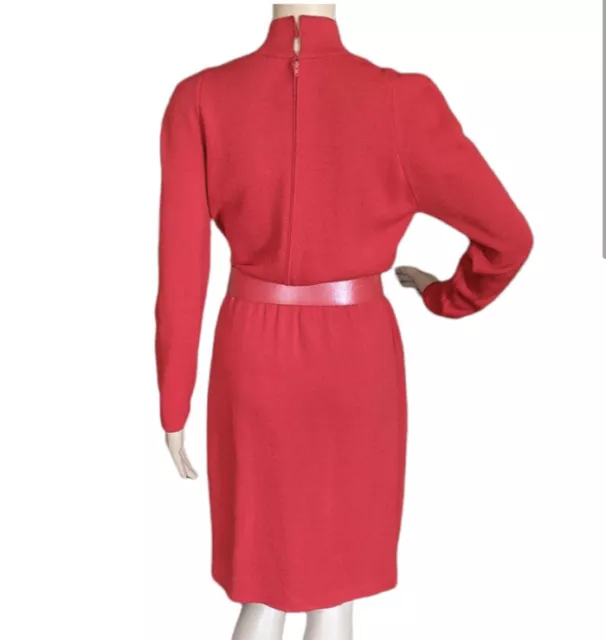 St. John Vtg 80s Red Mock Neck Tulip Santana Knit Belted Dress Long Sleeve 6 3
