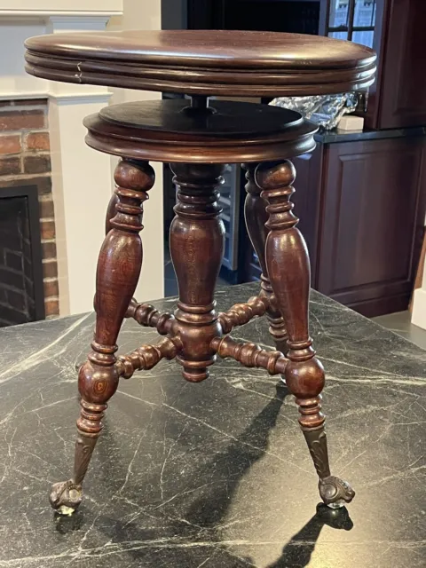Great Antique Victorian Wooden Piano Stool With Glass Ball & Claw Feet