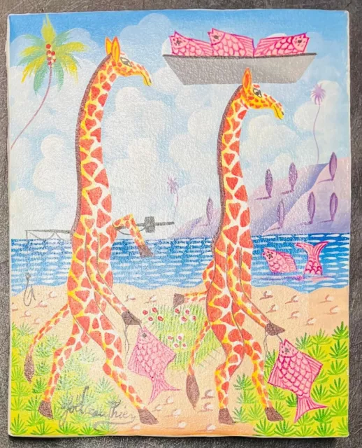 Joel Gauthier ORIGINAL Painting Giraffes & Fish Whimsical Haitian Folk Art