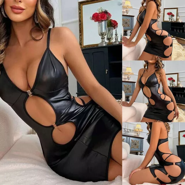 Damen Sexy Dessous PU Leder Hollow Out Bodysuit Club Party Nachtwäsche Kleid