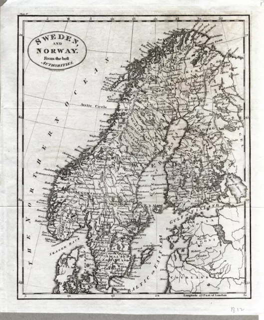 1812 Antica Carta Geografica Mappa Svezia e Norvegia   25x22 cm originale