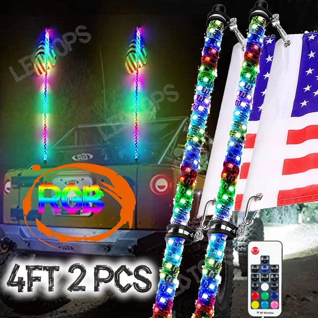 Pair 4FT Lighted Spiral LED Whip Light w/Flag & Remote For ATV Polaris RZR UTV