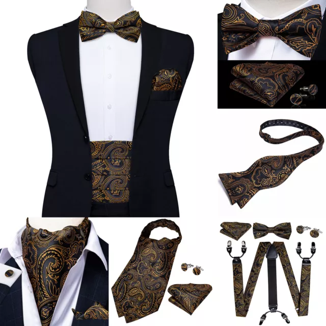 Mens Silk Black Gold Paisley Cravat Ascot Bow Tie Braces Suspenders Cummerbund