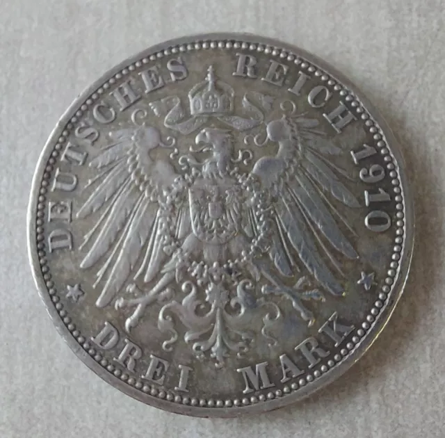 Ancienne pièce de monnaie, 3 Mark, Friedrich II Baden, G, 1910, en argent