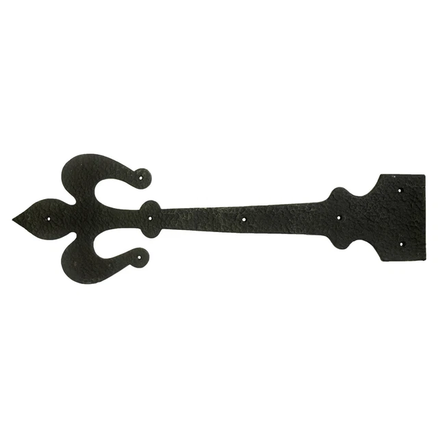 Large Dummy Strap Hinge in Black Iron 24 Inch Fleur De Lis Textured Surface PAIR