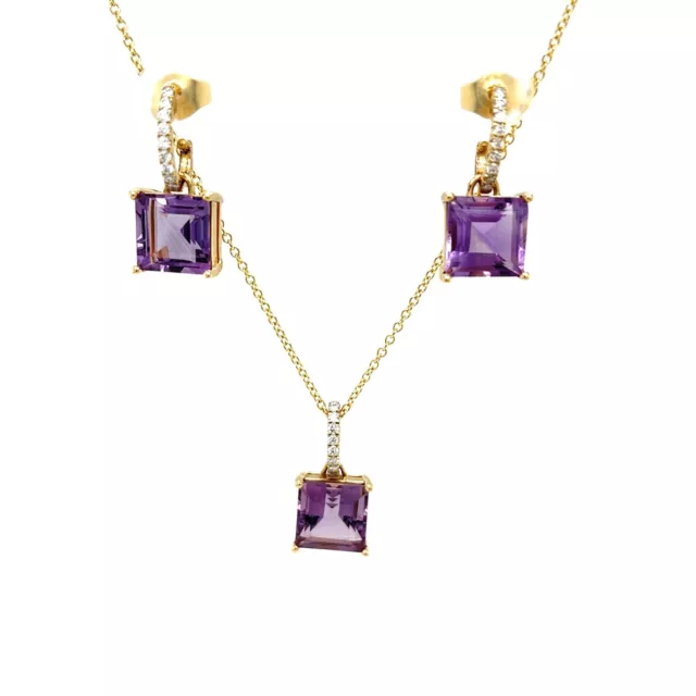 18ct Yellow Gold Diamond & Amethyst Necklace & Earrings Set