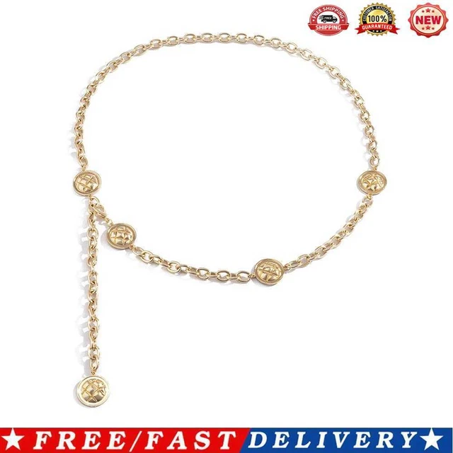 Women Embossed Waist Chain Mini Hollow Round Card Pendant Body Chain (Gold)
