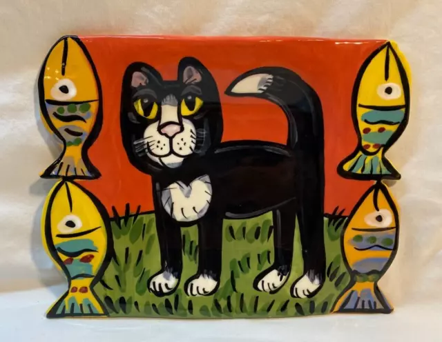 Jay and Toni Mann Pottery Cat Serving Tray With Fish 9x7"