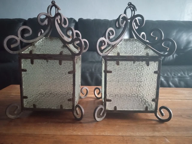 LARGE Pair Wrought Iron Pressed Glass Candle Lanterns 1920's Antique Originals
