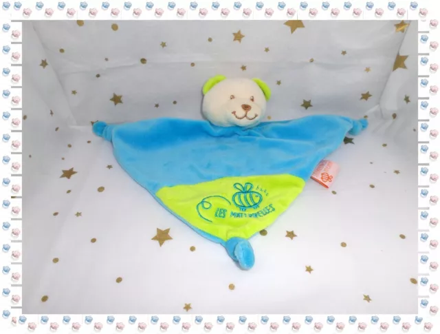 ⑫ - Doudou Semi Plat Triangle Lapin Bleu Vert Blanc  Grelot Les Maternelles