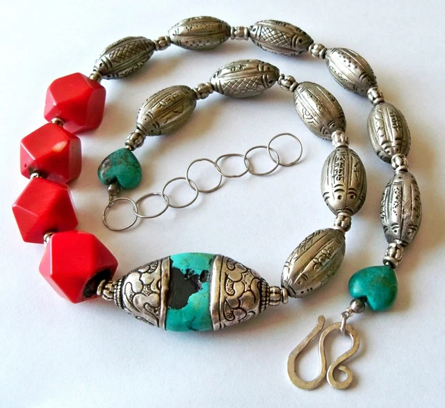 Vtg Sterling Silver Coral Turquoise Beads Necklace 21" Long Unique