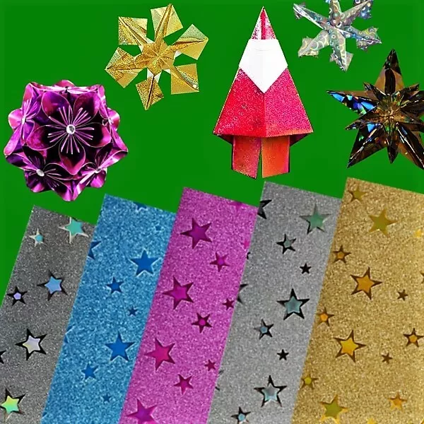 Star Holographic Metallic Glitter Gold Foil ORIGAMI Chiyogami Christmas 15cm