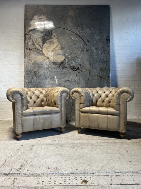 Pair Of Restored MidC Leather Chesterfield Club Chairs In Hand Dyed Leathers