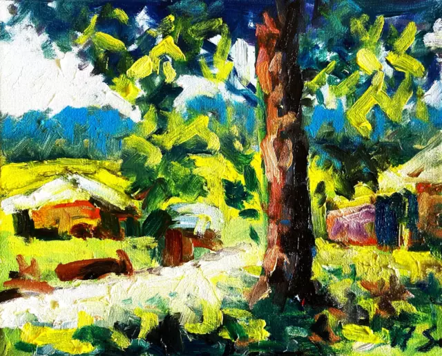 tree by the road village LANDSCAPE  Original Oil Painting Canvas Impressionist