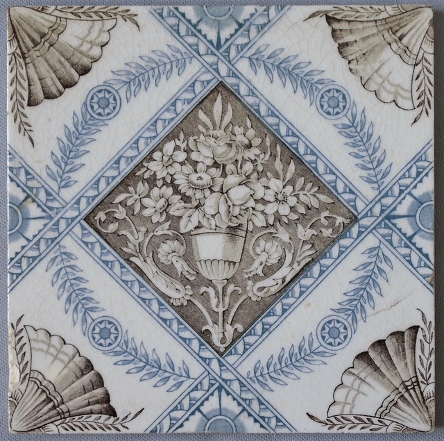 Vintage English Victorian Transferware Tile Neo Classical Urn of Flowers Antique