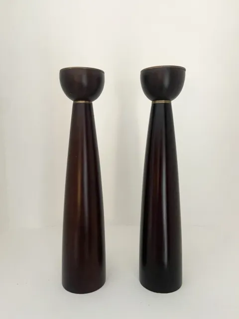 MCM Danish Rosewood Brass Tall Heavy Candleholders 1960s