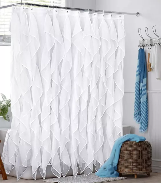 REISEN White Ruffle Shower Curtain Fabric/Cloth Farmhouse Bathroom Sheer Shower