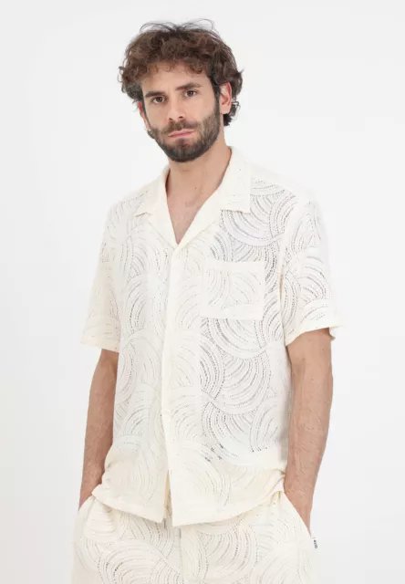 ARTE Camisas Hombre Beis Manga Corta Camisa de Hombre Crema Stan Croche