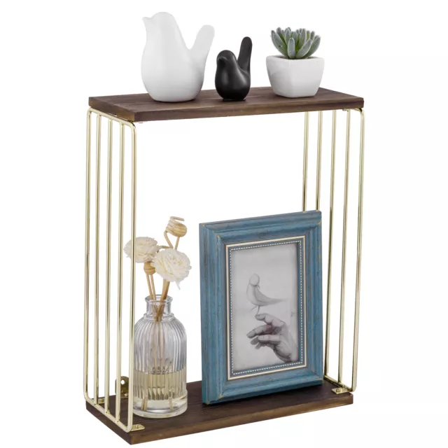 2 Tier Modern Brass & Burnt Wood Floating Shelf Decorative Shadow Box Wall Shelf