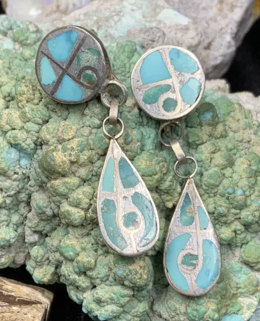 Vintage, 1940’s Native American Sterling Silver & Turquoise Inlay Zuni Earrings