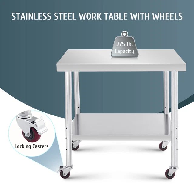 36"x30" Stainless Steel Worktable w Storage Commercial Kitchen Table on Wheels