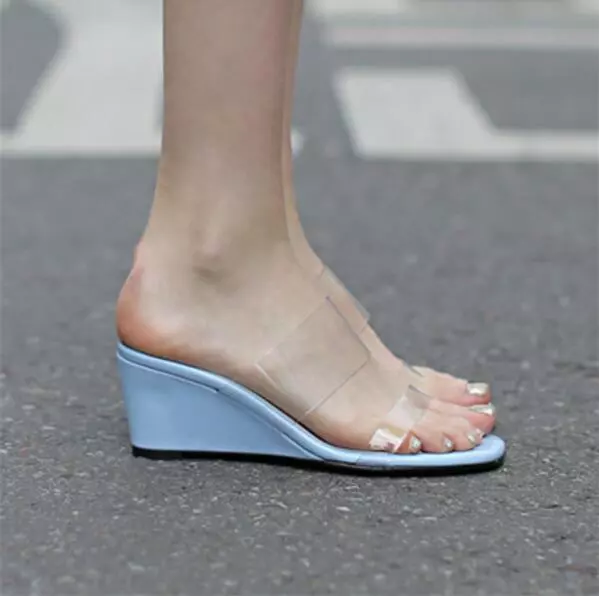 Womens Clear Transparent Open Toe High Wedge Heel Slip On Slippers Shoes Sandals