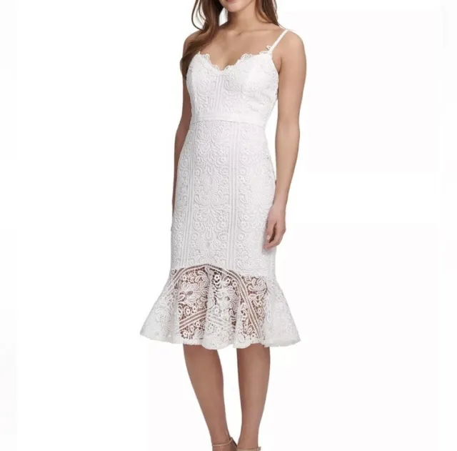 Guess V-Neck Sleeveless Flounce Hem Floral Lace Sheath Dress 8 White