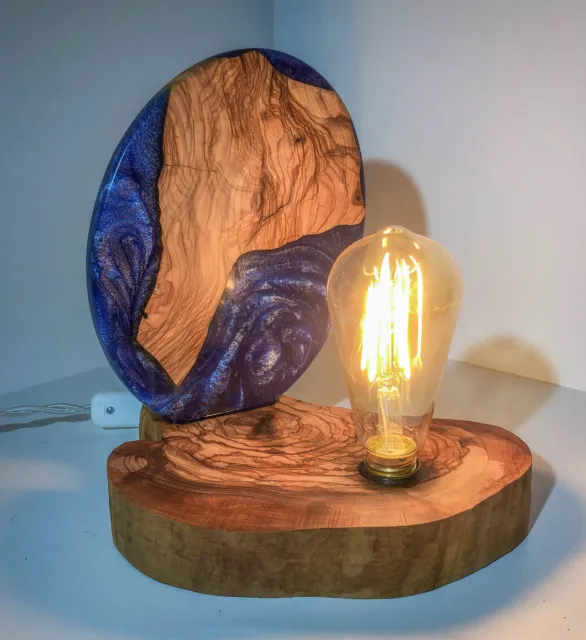 Lampada da tavolo in Resina epossidica con legno di olivo(abat jour vintageE27) 6